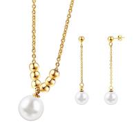Fashion Stainless Steel Jewelry Sets, Stud Earring & necklace, Titanium Steel, with Plastic Pearl, with 1.97inch extender chain, 2 pieces & fashion jewelry & for woman, more colors for choice, 58*12mm, Length:Approx 17.72 Inch, Sold By Set