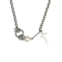 Titanium Steel Necklace with Plastic Pearl Cross fashion jewelry & for woman original color Length Approx 40 cm Sold By PC