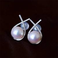 Freshwater Pearl Earrings, with Brass, for woman & with rhinestone, white, 8-8.5mm, Sold By Pair