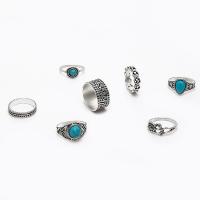 Ensemble d’anneau en alliage de zinc, avec turquoise, Placage de couleur argentée, 7 pièces & bijoux de mode & pour femme, protéger l'environnement, sans nickel, plomb et cadmium, Vendu par fixé