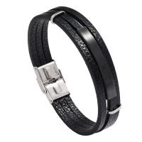 Bracelets cordon PU, cuir PU, avec Acier inoxydable 304, bijoux de mode & unisexe, noire, 12mm, Longueur:Environ 8.46 pouce, Vendu par PC