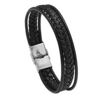 Bracelets cordon PU, cuir PU, avec Acier inoxydable 304, bijoux de mode & unisexe, noire, 12mm, Longueur:Environ 8.46 pouce, Vendu par PC