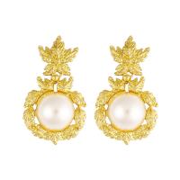 Tibetan Style Drop Earrings, with ABS Plastic Pearl, gold color plated, fashion jewelry & for woman & with rhinestone, two different colored, 55x32mm, Sold By Pair