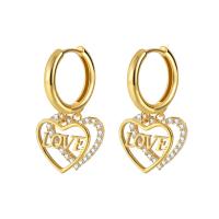Cubic Zirconia Micro Pave Brass Earring, Heart, plated, micro pave cubic zirconia & for woman & hollow, more colors for choice, nickel, lead & cadmium free, 14x30mm, Sold By Pair