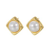 Brass Stud Earring, with Plastic Pearl, Square, plated, for woman, more colors for choice, nickel, lead & cadmium free, 21x21mm, Sold By Pair
