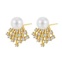 Cubic Zirconia Micro Pave Brass Earring with Plastic Pearl plated micro pave cubic zirconia & for woman nickel lead & cadmium free Sold By Pair