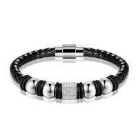 Leather Cord Bracelet, with 316L Stainless Steel, fashion jewelry & Unisex & micro pave cubic zirconia, more colors for choice, Length:Approx 7.87 Inch, Sold By PC