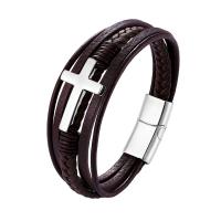 Leather Cord Bracelet with 316L Stainless Steel Cross multilayer & for man Sold By PC