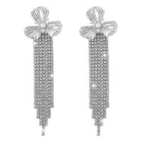 Fashion Fringe Earrings, Iron, with Plastic Pearl, Flower, plated, fashion jewelry & for woman & with rhinestone, more colors for choice, nickel, lead & cadmium free, 41x141mm, Sold By Pair