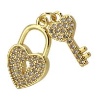 Cubic Zirconia Micro Pave Brass Pendant Lock and Key gold color plated fashion jewelry & DIY & micro pave cubic zirconia golden 13*23mm 8*17mm Approx 3mm Sold By PC