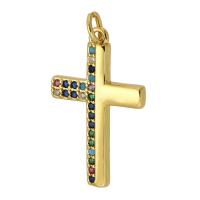 Cubic Zirconia Micro Pave Brass Pendant, Cross, gold color plated, fashion jewelry & DIY, multi-colored, 15x25x2mm, Hole:Approx 3mm, Sold By PC