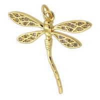 Cubic Zirconia Micro Pave Brass Pendant, Dragonfly, gold color plated, fashion jewelry & DIY & micro pave cubic zirconia, golden, 27x26x2mm, Hole:Approx 3mm, Sold By PC