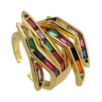 Cubique anneau en laiton Circonia Micro Pave, Placage de couleur d'or, bijoux de mode & pavé de micro zircon & pour femme, multicolore, 27x16mm, Trou:Environ 3mm, Taille:7, Vendu par PC