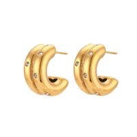 Stainless Steel Stud Earrings, 304 Stainless Steel, Vacuum Ion Plating, for woman & with rhinestone, golden, 10mm, Sold By Pair