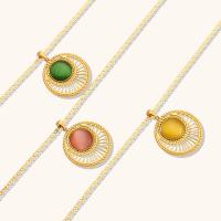 Stainless Steel Jewelry Necklace, 304 Stainless Steel, with Cats Eye, with 5cm extender chain, Flat Round, Vacuum Ion Plating, for woman & hollow, more colors for choice, 30.20mm, Length:Approx 40 cm, Sold By PC