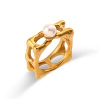 Stainless Steel Finger Ring, 304 Stainless Steel, with pearl, Square, Vacuum Ion Plating, different size for choice & for woman & hollow, golden, 8.40mm, Sold By PC