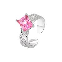 Cubic Zircon Brass Finger Ring, with Cubic Zirconia, Square, platinum color plated, Adjustable & fashion jewelry & for woman, pink, nickel, lead & cadmium free, 5.70mm, US Ring Size:6.5, Sold By PC