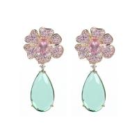 Crystal Earrings Brass with Crystal Flower gold color plated for woman & with rhinestone Sold By Pair