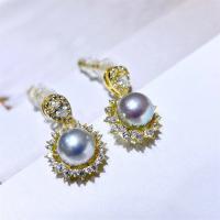 perles Akoya cultivées boucle d oreille dormeuse, avec laiton, Placage de couleur d'or, bijoux de mode & pour femme & avec strass,  8-9mm, Vendu par paire