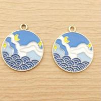 Tibetan Style Enamel Pendants, Flat Round, gold color plated, Unisex, blue, nickel, lead & cadmium free, 18-25mm, Sold By PC