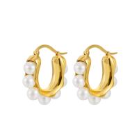Brass Huggie Hoop Earring, with Plastic Pearl, plated, for woman, more colors for choice, nickel, lead & cadmium free, 24x27mm, Sold By Pair