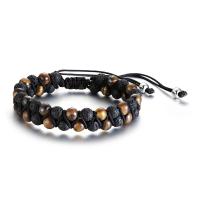 Natural Tiger Eye Bracelets, with Polyester Cord & Lava, Double Layer & Adjustable & for man, 12mm, Length:Approx 6.69-13.78 Inch, Sold By PC