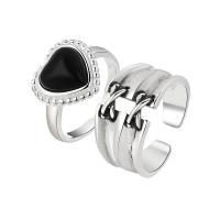 Ring Finger mosiądz, ze Agat czarny, Platerowane w kolorze srebra, Regulowane & różne style do wyboru & dla kobiety, dostępnych więcej kolorów, bez zawartości niklu, ołowiu i kadmu, rozmiar:7, sprzedane przez PC