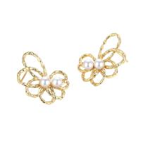 Brass Stud Earring with Plastic Pearl Flower plated fashion jewelry & for woman & hollow nickel lead & cadmium free Sold By Pair