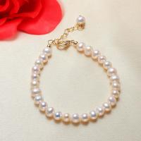 Bracelet en perles de culture d'eau douce, perle d'eau douce cultivée, avec laiton, avec 1.57inch chaînes de rallonge, 14K rempli d’or, bijoux de mode & pour femme, blanc, 5-6mm, Longueur:Environ 6.3 pouce, Vendu par PC