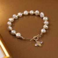 Freshwater Cultured Pearl Bracelet, Freshwater Pearl, with Copper Alloy, 14K gold-filled, fashion jewelry & for woman & with rhinestone, white, 8mm, Length:Approx 7.09 Inch, Sold By PC