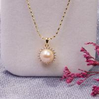 Freshwater Pearl Brass Chain Necklace, Pérolas de água doce, with cobre, joias de moda & para mulher & com strass, dourado, 9-10mm, comprimento Aprox 45 cm, vendido por PC