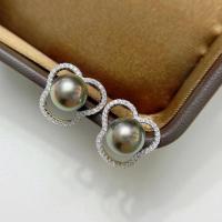 Akoya Cultured Pearls Stud Earring, with Brass, fashion jewelry & for woman & with rhinestone, silver color, 9mm, Sold By Pair