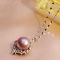 Freshwater Pearl Brass Chain Necklace, Pérolas de água doce, with cobre, joias de moda & para mulher & com strass, 14mm, comprimento Aprox 45 cm, vendido por PC
