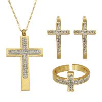 Rhinestone Stainless Steel Jewelry Set, finger ring & earring & necklace, 316 Stainless Steel, Cross, Vacuum Plating, three pieces & fashion jewelry & for woman & with rhinestone, golden, 12x30x28mm, US Ring Size:9.5, Length:19.5 Inch, Sold By Set