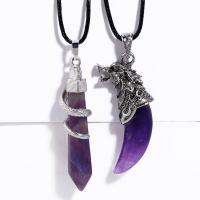 Quartz Necklace, Amethyst, with leather cord & Brass, with 5cm extender chain, silver color plated, different styles for choice & for woman, more colors for choice, 26x64mm, Length:Approx 43 cm, Sold By PC