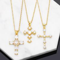 Plastic Pearl Necklace Brass with Cubic Zirconia & Plastic Pearl with 5cm extender chain Cross 18K gold plated & for woman nickel lead & cadmium free Length Approx 45 cm Sold By PC
