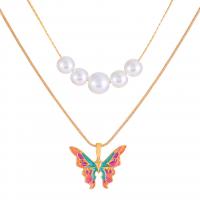 Multi Layer Necklace Zinc Alloy with Plastic Pearl with 1.96inch extender chain Butterfly gold color plated Double Layer & fashion jewelry & for woman golden nickel lead & cadmium free Length Approx 17.71 Inch Sold By PC
