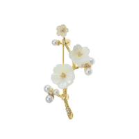 Plastic Pearl Brooch, Brass, with Plastic Pearl, Plum Blossom, fashion jewelry & micro pave cubic zirconia & for woman, golden, nickel, lead & cadmium free, 22x46mm, Sold By PC
