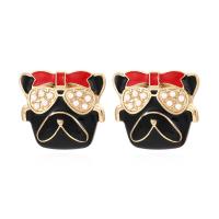 Tibetan Style Stud Earring, Dog, gold color plated, fashion jewelry & for woman & enamel, black, nickel, lead & cadmium free, 25x26mm, Sold By Pair