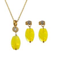 Resin Jewelry Sets, earring & necklace, 316 Stainless Steel, with Resin, Vacuum Plating, 2 pieces & fashion jewelry & for woman & with rhinestone, two different colored, 9x16mm, Length:17.5 Inch, Sold By Set