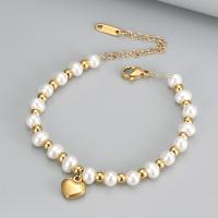 Titanium Steel Bracelet & Bangle, with Plastic Pearl, fashion jewelry & for woman, golden, Length:Approx 17-22 cm, Sold By PC