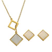 Rhinestone Stainless Steel Jewelry Set Stud Earring & necklace 316 Stainless Steel with White Shell Rhombus Vacuum Plating 2 pieces & fashion jewelry & for woman two different colored Sold By Set
