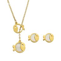 Fashion Stainless Steel Jewelry Sets Stud Earring & necklace 316 Stainless Steel with White Shell Vacuum Plating 2 pieces & fashion jewelry & for woman two different colored Length 18 Inch Sold By Set