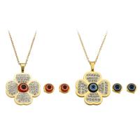 Evil Eye Jewelry Set Stud Earring & necklace 316 Stainless Steel Vacuum Plating 2 pieces & fashion jewelry & evil eye pattern & for woman & enamel & with rhinestone Length 17.5 Inch Sold By Set