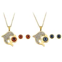 Evil Eye Jewelry Set, Stud Earring & necklace, 316 Stainless Steel, Vacuum Plating, 2 pieces & fashion jewelry & evil eye pattern & for woman & enamel & with rhinestone, more colors for choice, Length:17.5 Inch, Sold By Set