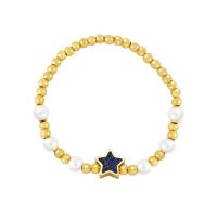 Cubic Zirconia Micro Pave Brass Bracelet, with Blue Turquoise & Plastic Pearl, Star, 18K gold plated, micro pave cubic zirconia & for woman, more colors for choice, nickel, lead & cadmium free, 11x11mm, Length:Approx 17 cm, Sold By PC