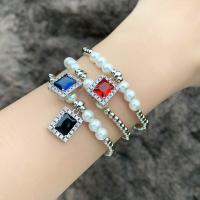 Zirkonia Armband, Messing, mit kubischer Zirkonia & Kunststoff Perlen, Rechteck, silberfarben plattiert, für Frau, keine, frei von Nickel, Blei & Kadmium, 12x16mm, Länge:ca. 18 cm, verkauft von PC