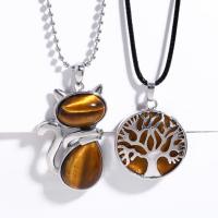 Natural Gemstone Necklace Tiger Eye with leather cord & brass chain & Brass with 5cm extender chain silver color plated & for woman Length Approx 43 cm Sold By PC