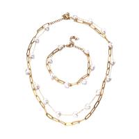 Fashion Stainless Steel Jewelry Sets bracelet & necklace 304 Stainless Steel with Plastic Pearl with 1.97inch extender chain 2 pieces & Double Layer & for woman 8mm 4mm Length Approx 6.69 Inch Approx 15.75 Inch Approx 16.14 Inch Sold By Set