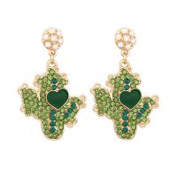 Rhinestone Earring Zinc Alloy Opuntia Stricta gold color plated for woman & enamel & with rhinestone green nickel lead & cadmium free Sold By Pair
